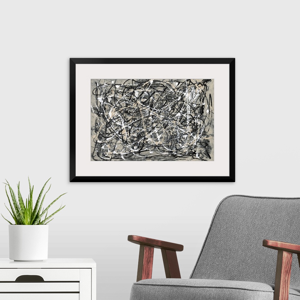 A modern room featuring A striking, masculine contemporary abstract painting featuring bold swirls of black and white pai...