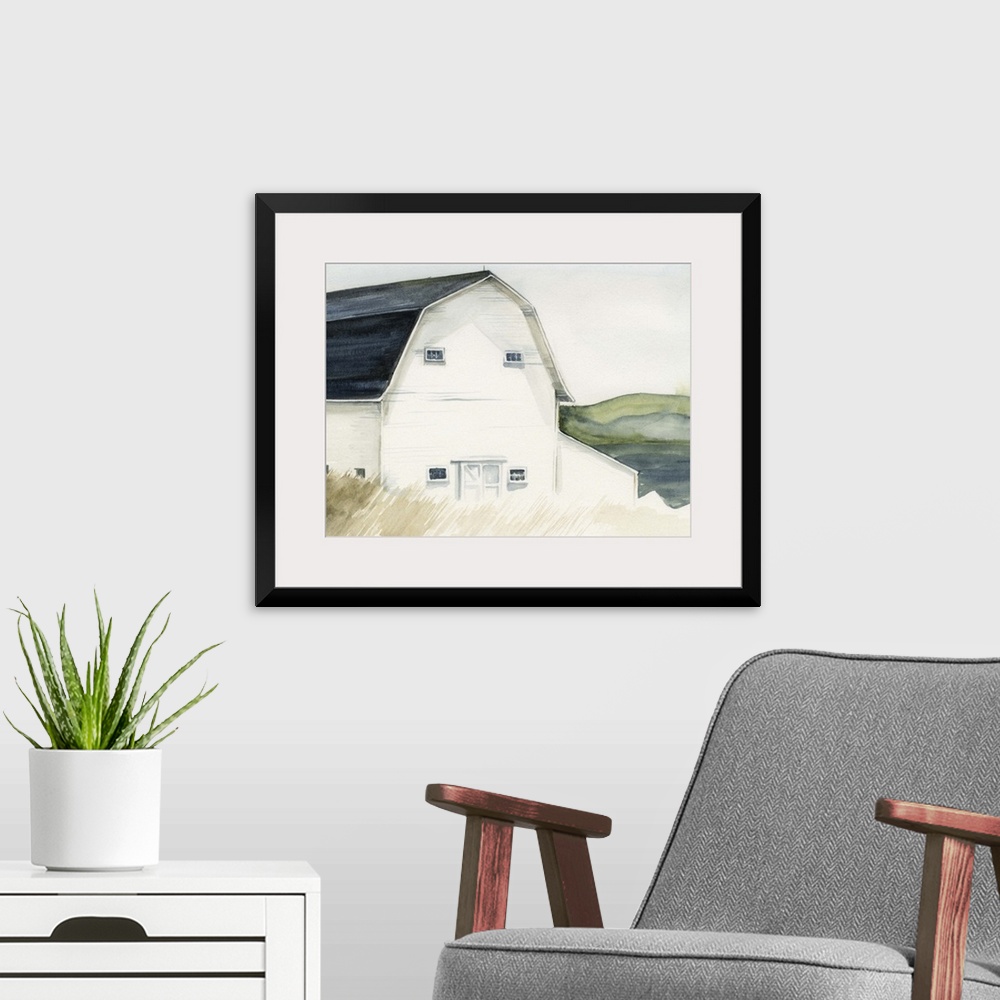 A modern room featuring Watercolor landscape featuring a white barn in a field with rolling hills in the background.