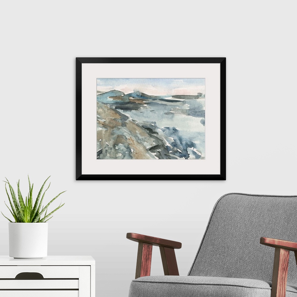 A modern room featuring Contemporary watercolor landscape of a mountainous landscape.