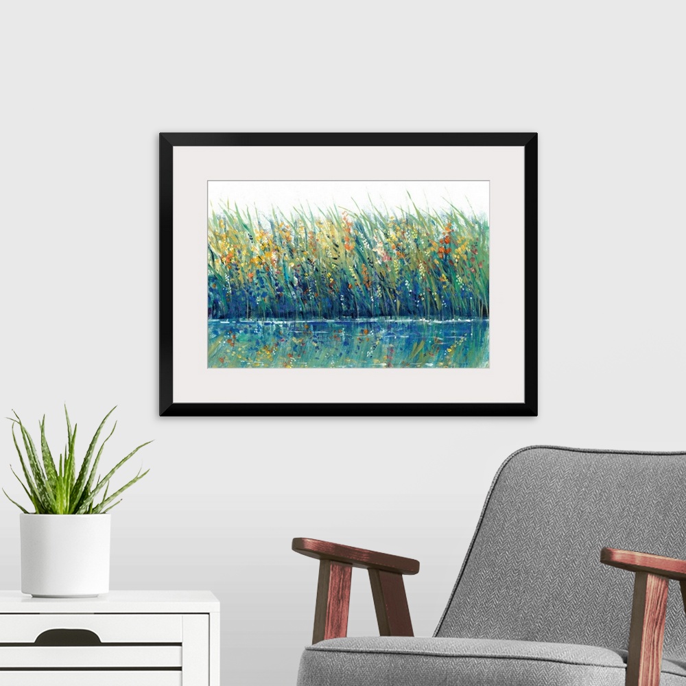 A modern room featuring A mass of grasses and reeds interspersed with wild flowers on the edge of a lake or pond; the flo...