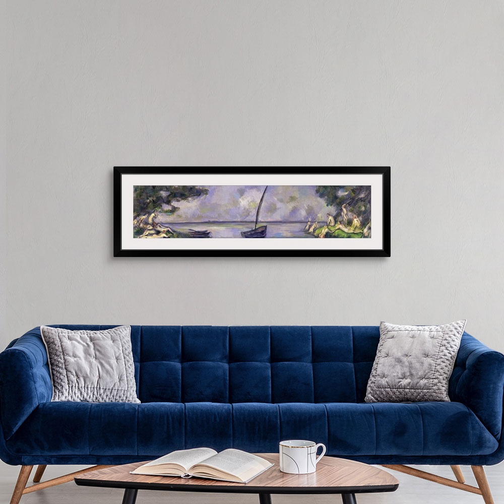 A modern room featuring A piece of classic artwork with boats sitting in the water and people sitting on the ground besid...