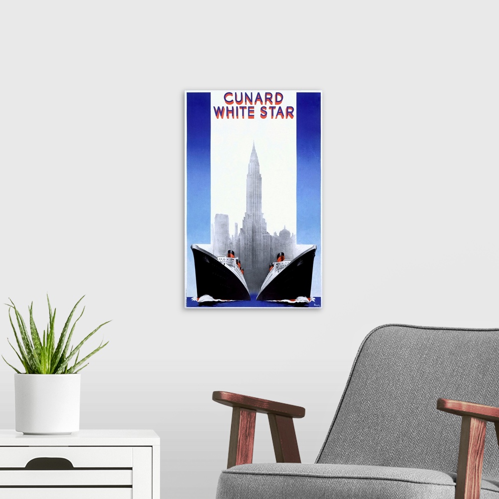 A modern room featuring Cunard Line, White Star, A. Roquin, Vintage Poster
