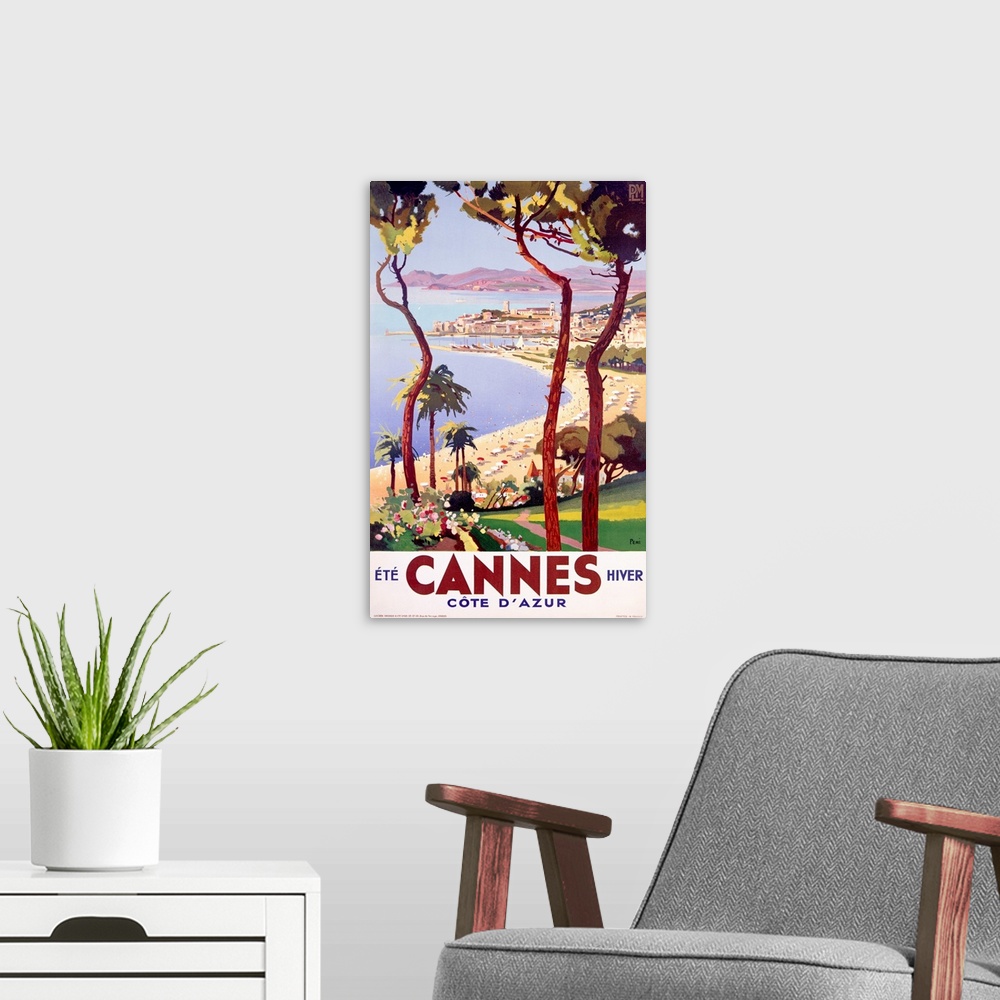 A modern room featuring Classic travel advertisement for the Cote d'Azur often known in English as the French Riviera.