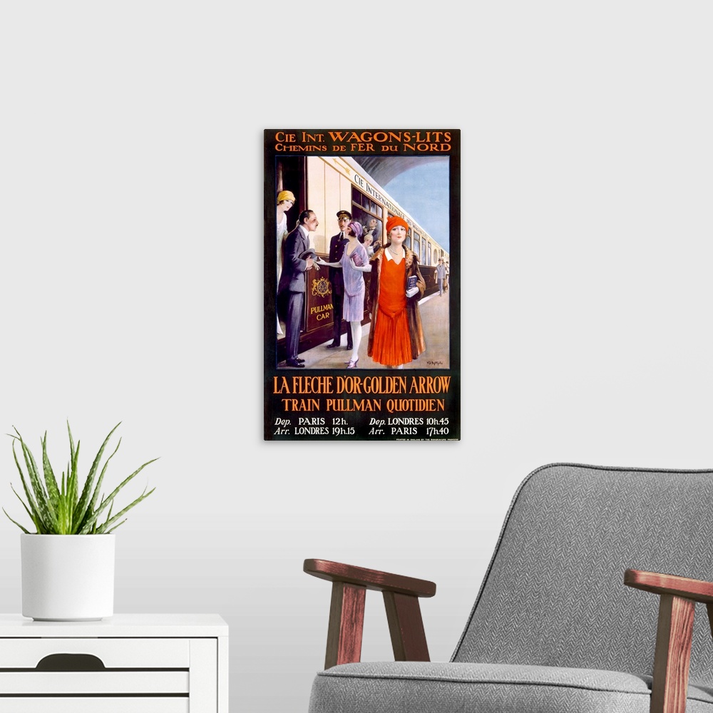 A modern room featuring Vintage poster of elegantly dressed people boarding and coming off of a passenger train.