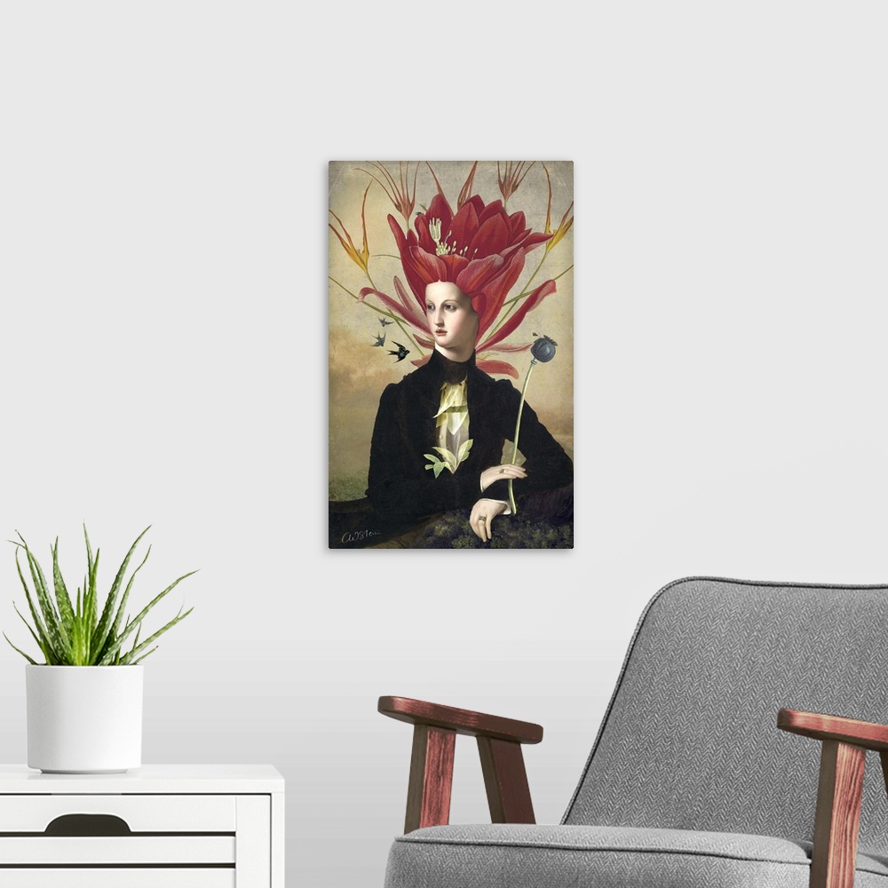 A modern room featuring Image of a woman with flowers for her hair.