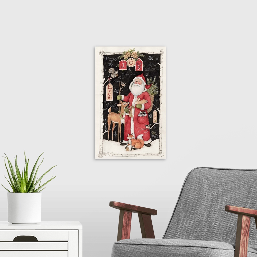 A modern room featuring Old St. Nick is surrounded by critters in this woodland scene.