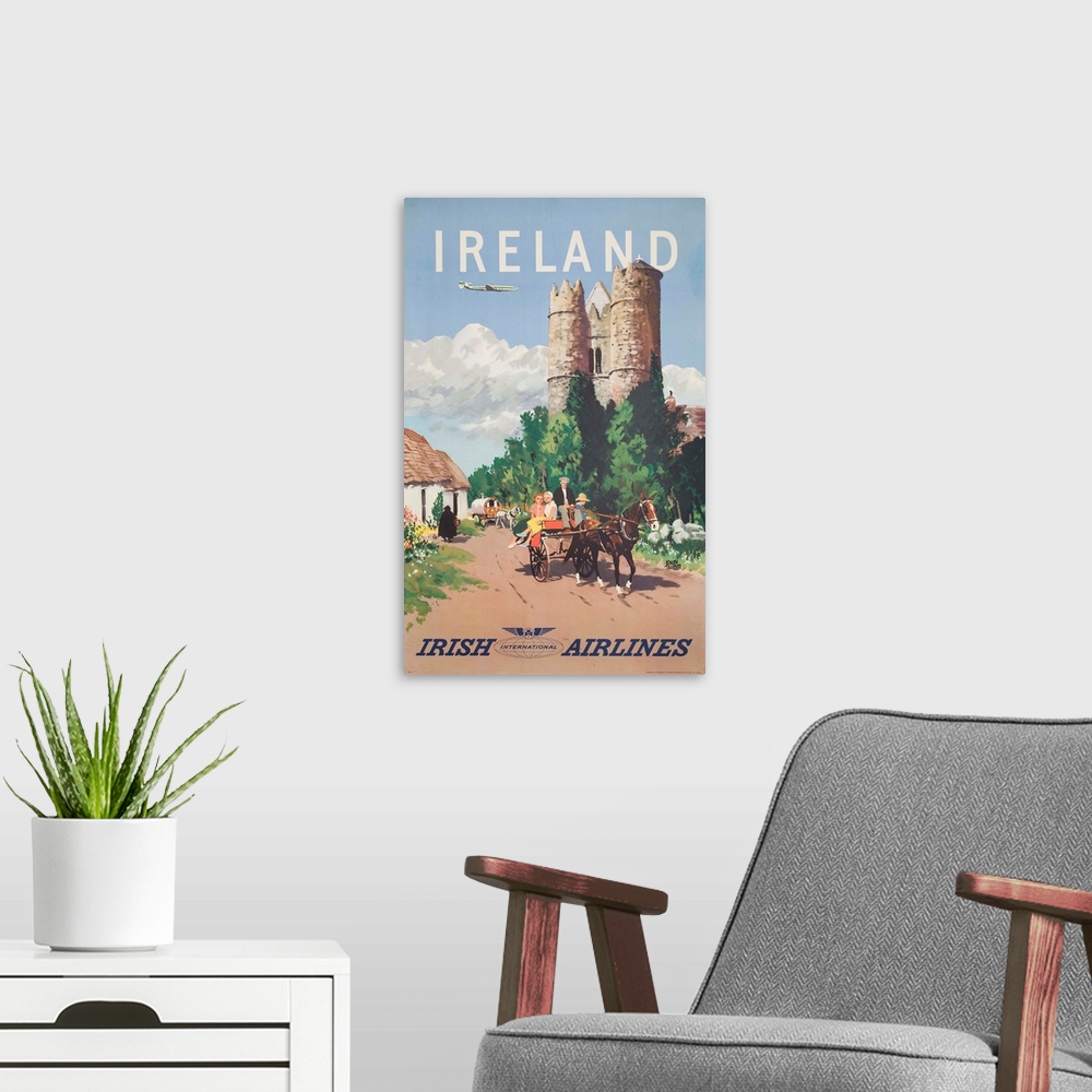 A modern room featuring Irish Airlines travelposter with tourists in horse wagon. Illustrated by Adolph Triedler