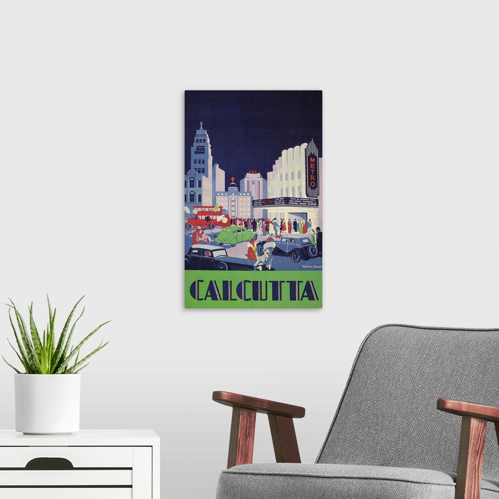A modern room featuring Travel Poster for Calcutta, India