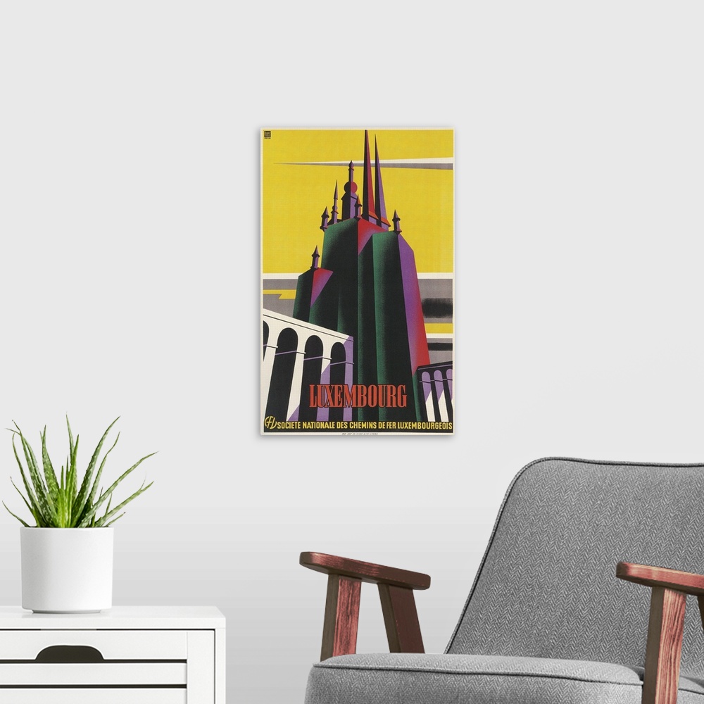 A modern room featuring Travel Poster for Luxembourg, CFL, Luxembourg National Railway Company, Societe Nationale des Che...