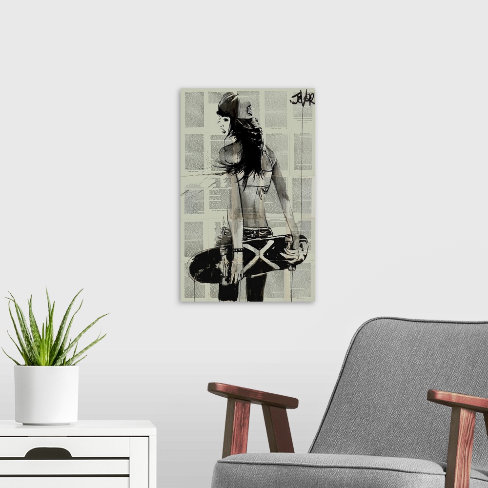 A modern room featuring Contemporary urban artwork of a woman holding a skateboard behind her back against a background o...