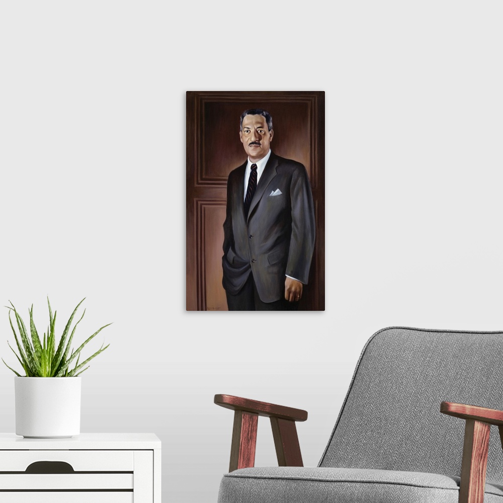 A modern room featuring Painting of Thurgood Marshall, the first African American Justice of the Supreme Court.