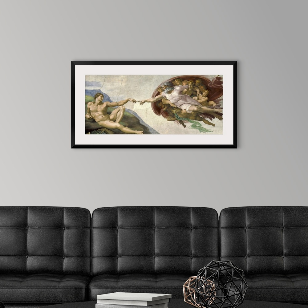 A modern room featuring Vintage masterpiece painting of The Creation of Adam. Painted by Michelangelo on the ceiling of t...