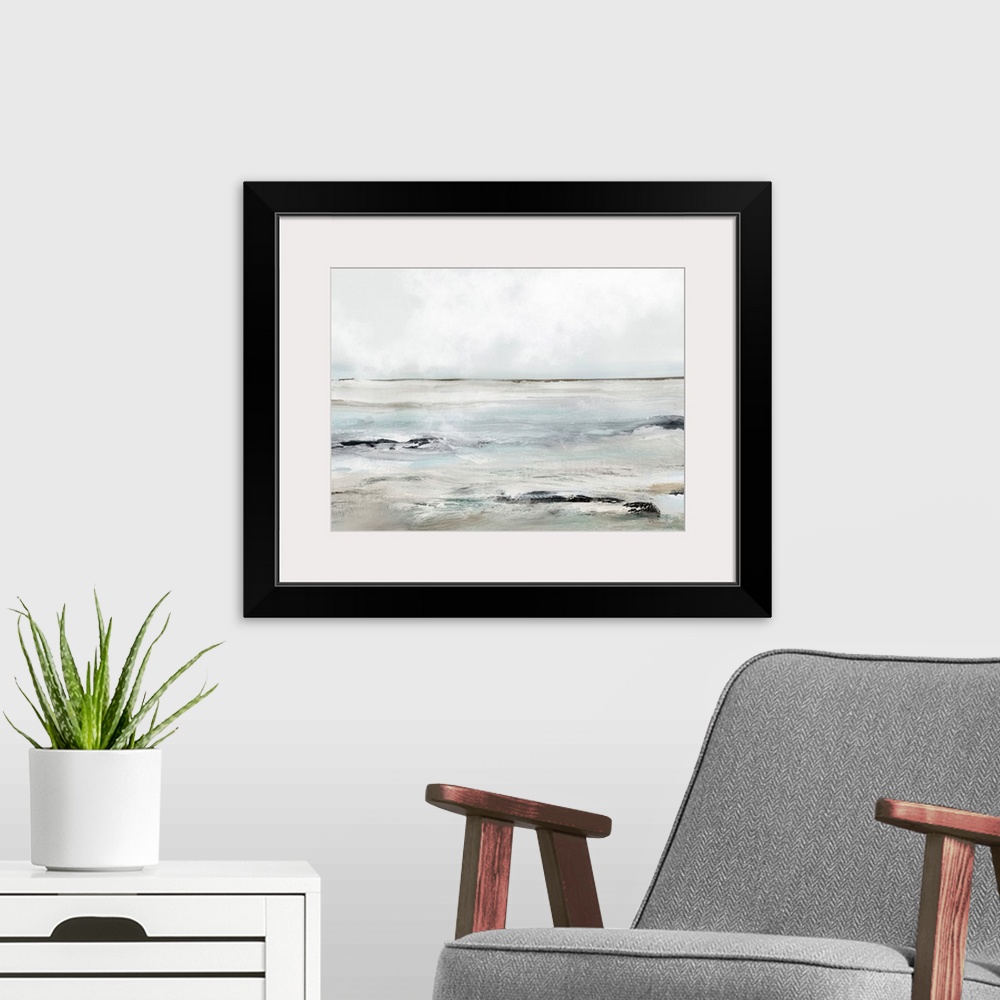 A modern room featuring A contemporary abstract seascape with waves washing over dark rocks under a grey sky. Perfect for...