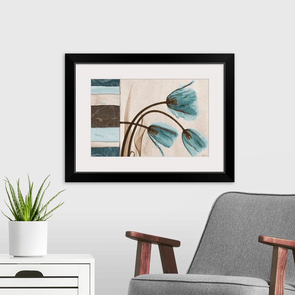 A modern room featuring Square x-ray photograph of three tulips bending over to the right, with a vertical set of texture...