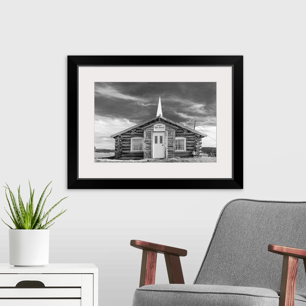 A modern room featuring Black and white image of Ruby Bible Church in Interior Alaska, USA, Ruby, Alaska, United States o...