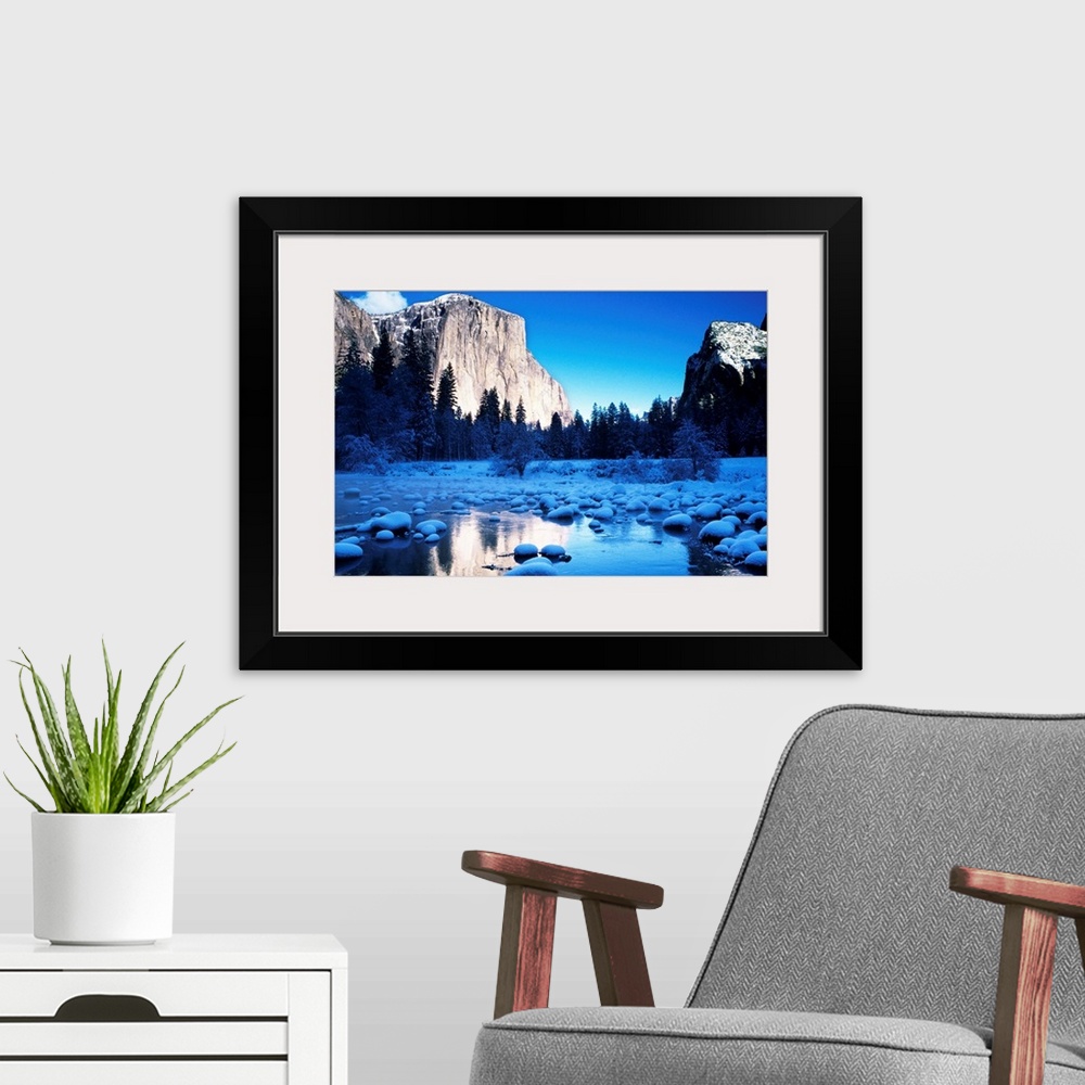 A modern room featuring California, Yosemite National Park, Snowy Landscape Of El Capitan And Merced River