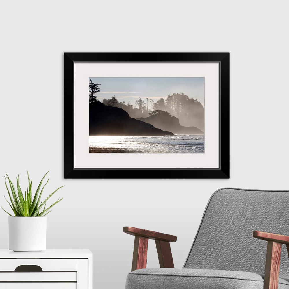 A modern room featuring Mist rises of the sea against the silhouettes of rocks and trees in this shore line photograph ta...