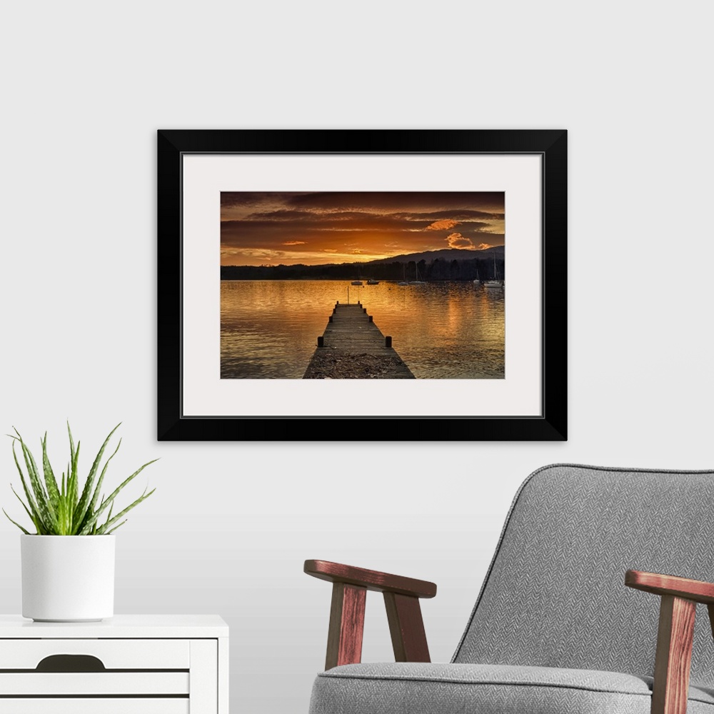 A modern room featuring Dock On Lake Windermere At Sunset; Ambleside, Cumbria, England