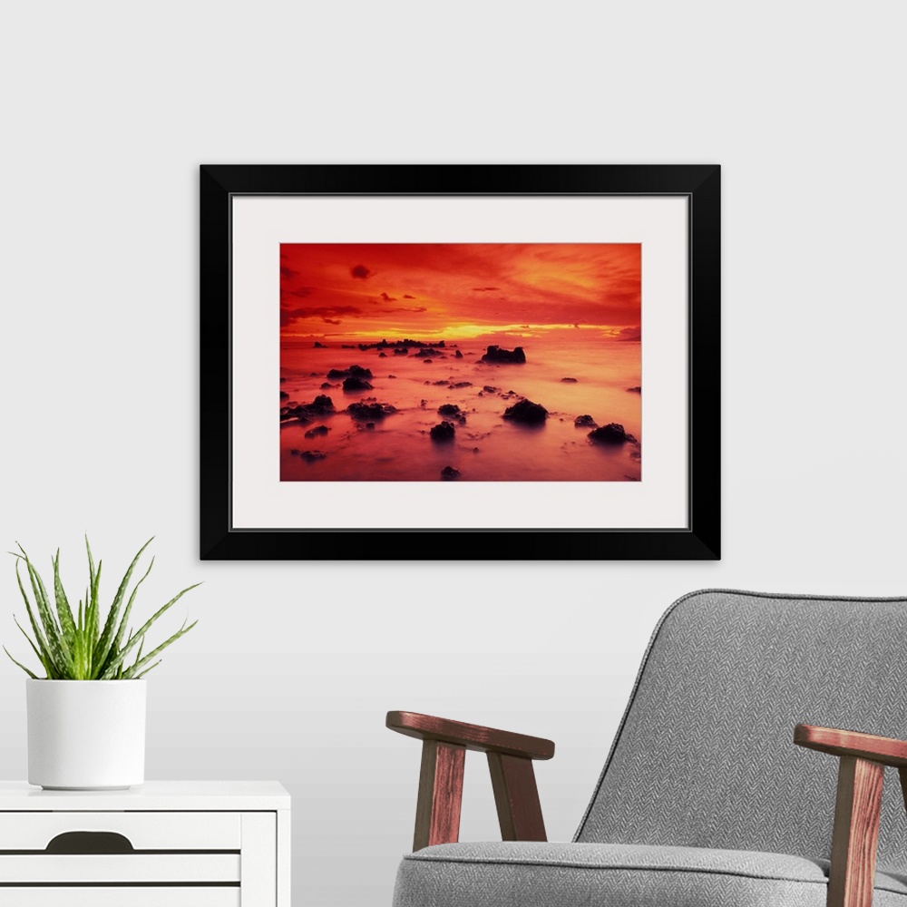 A modern room featuring Hawaii, Maui, Lava Rock Beach At Sunset With Dramatic Red Yellow Sky And Shore