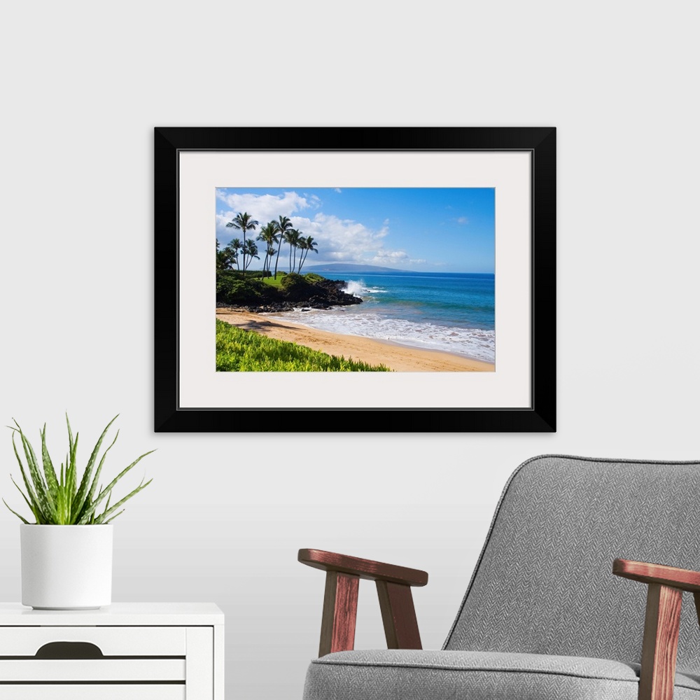 A modern room featuring An idyllic photograph of the Hawaiian coast, with gently lapping water under a bright blue sky. T...