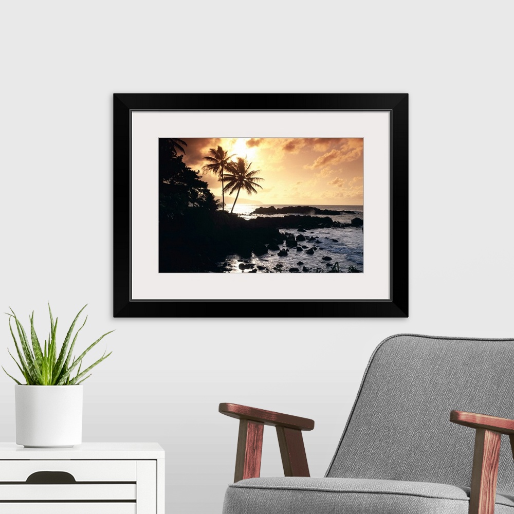 A modern room featuring Hawaii, Oahu, North Shore, Rocky Shoreline With Palms Silhouetted At Sunset