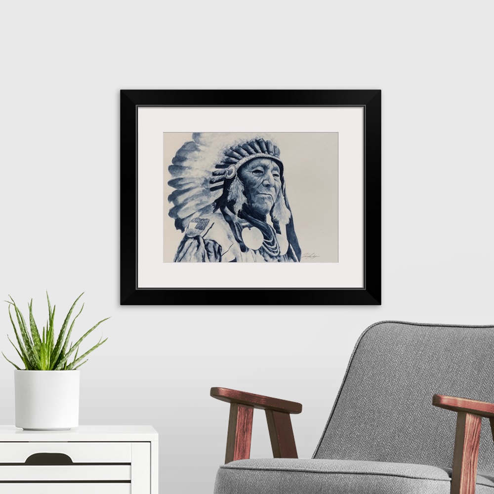 A modern room featuring Monochromatic watercolor of aboriginal elder with headdress.