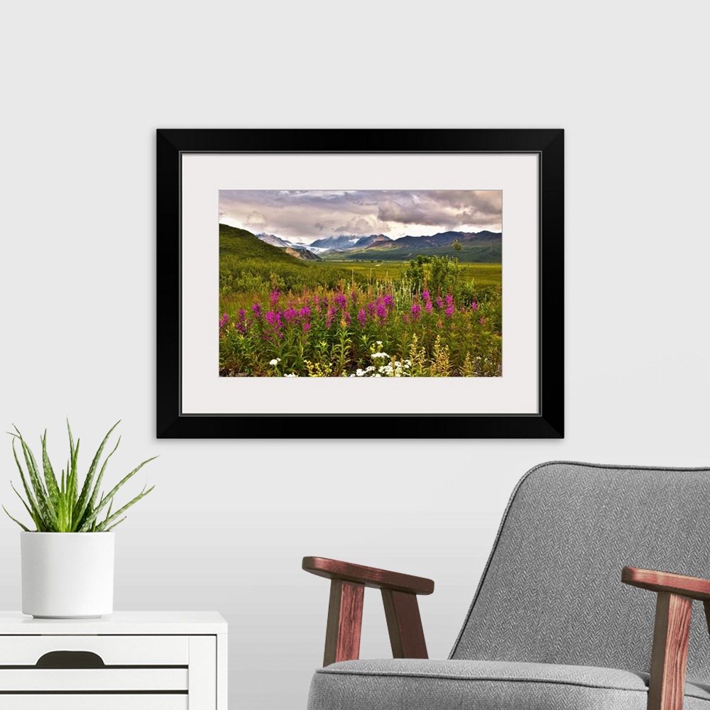 A modern room featuring View of the Gulkana Glacier from the Richardson Highway with fireweed in the foreground.