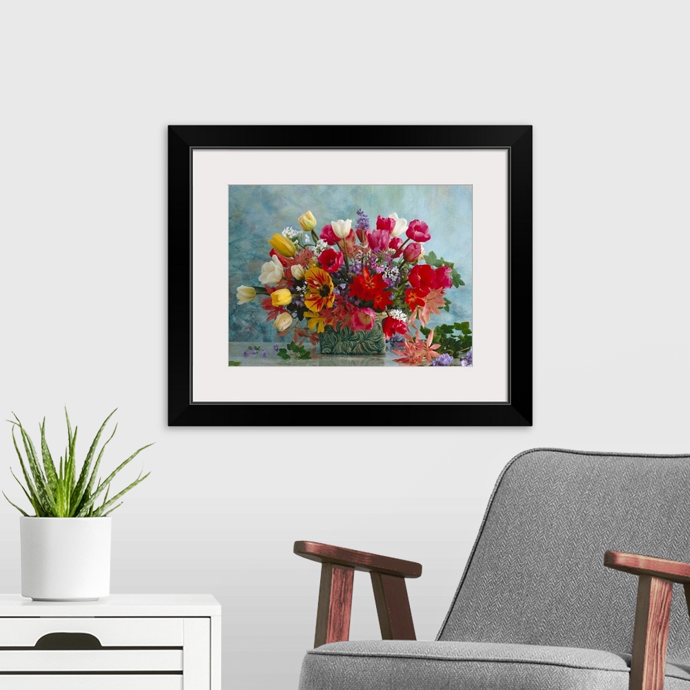 A modern room featuring Spring flower bouquet of Tulip, Hyazinthus, Allium, Pieris, and Hesperis
