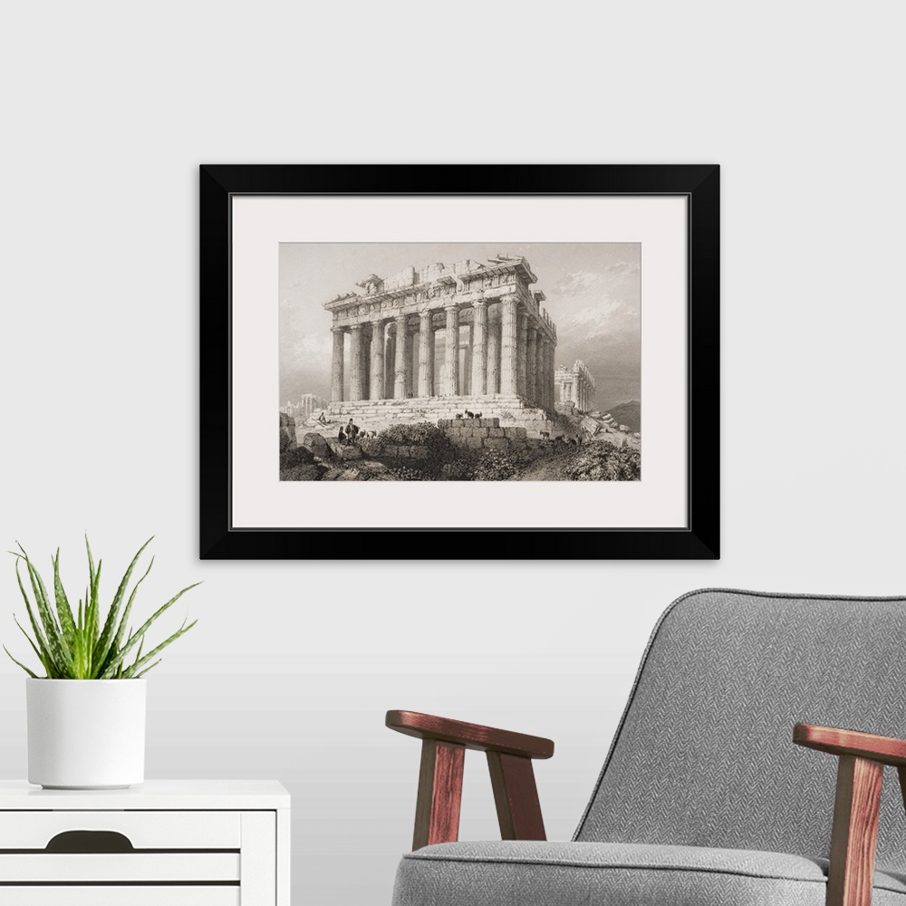 A modern room featuring The Parthenon At Athens, Greece. Engraved By E. Challis After W. H. Bartlett.