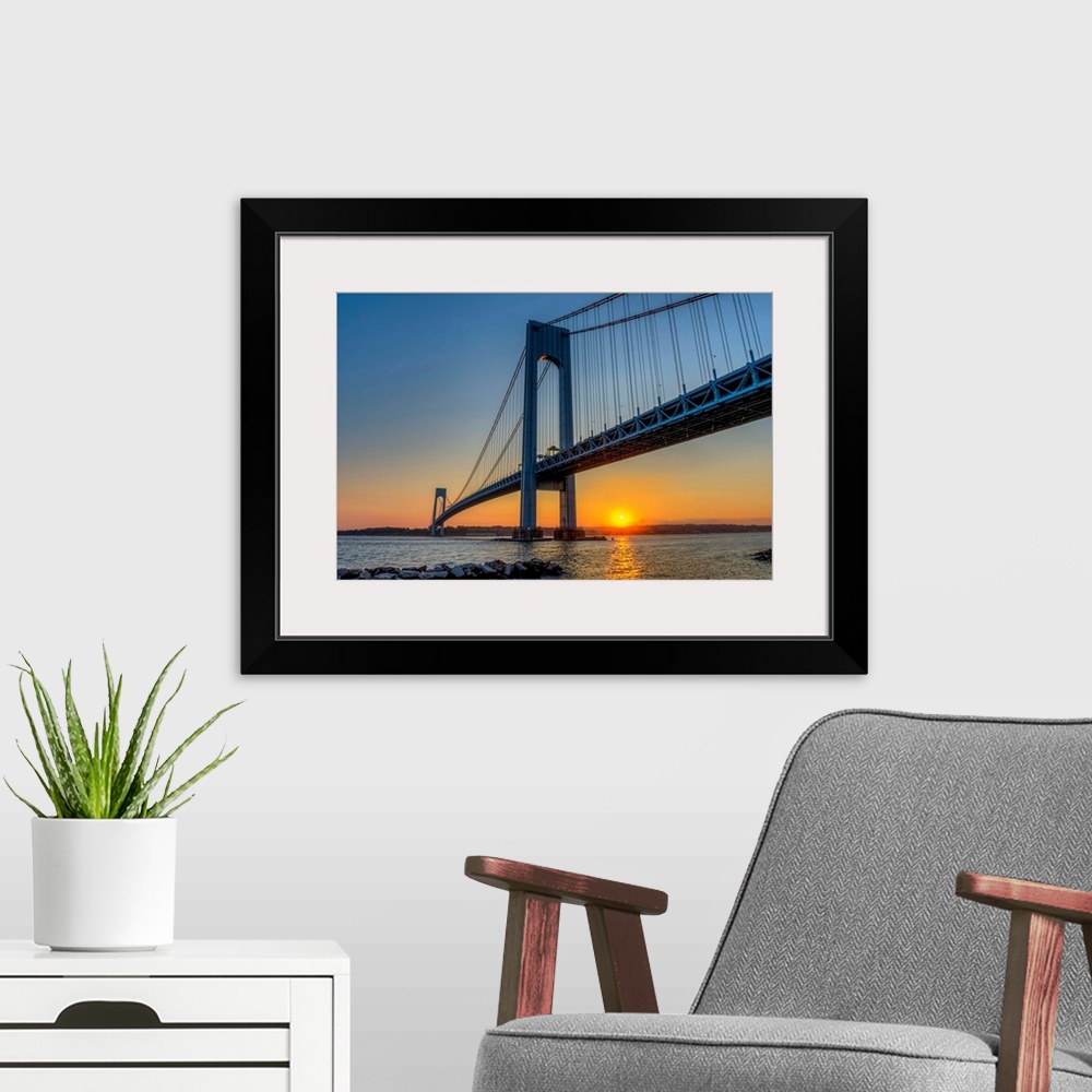 A modern room featuring Verrazano-Narrows Bridge at sunset, Brooklyn, New York City, New York