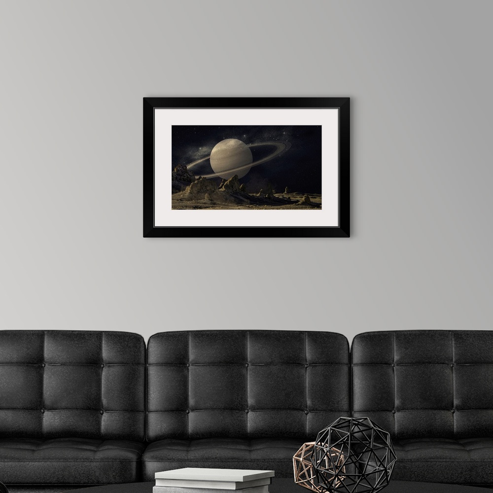 A modern room featuring View of Saturn from the surface of mars, a composite image.