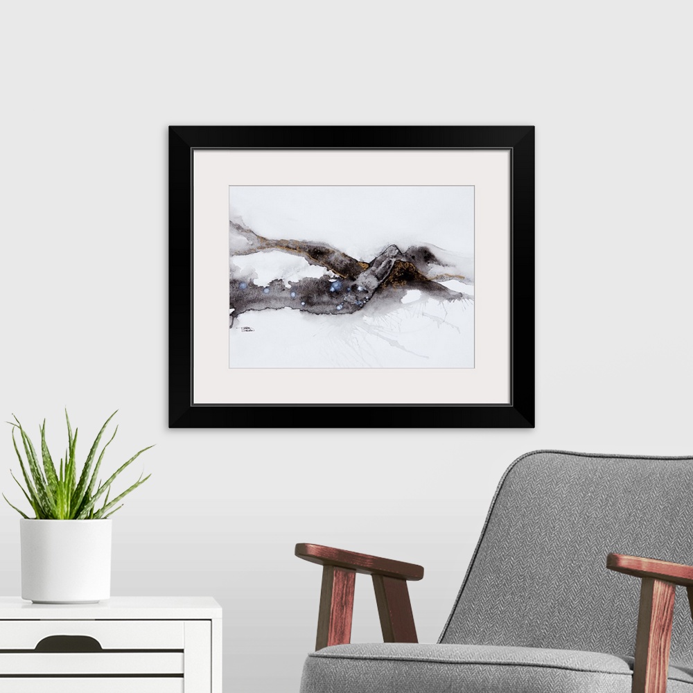 A modern room featuring Watercolour painting of an abstract black shape on a white background