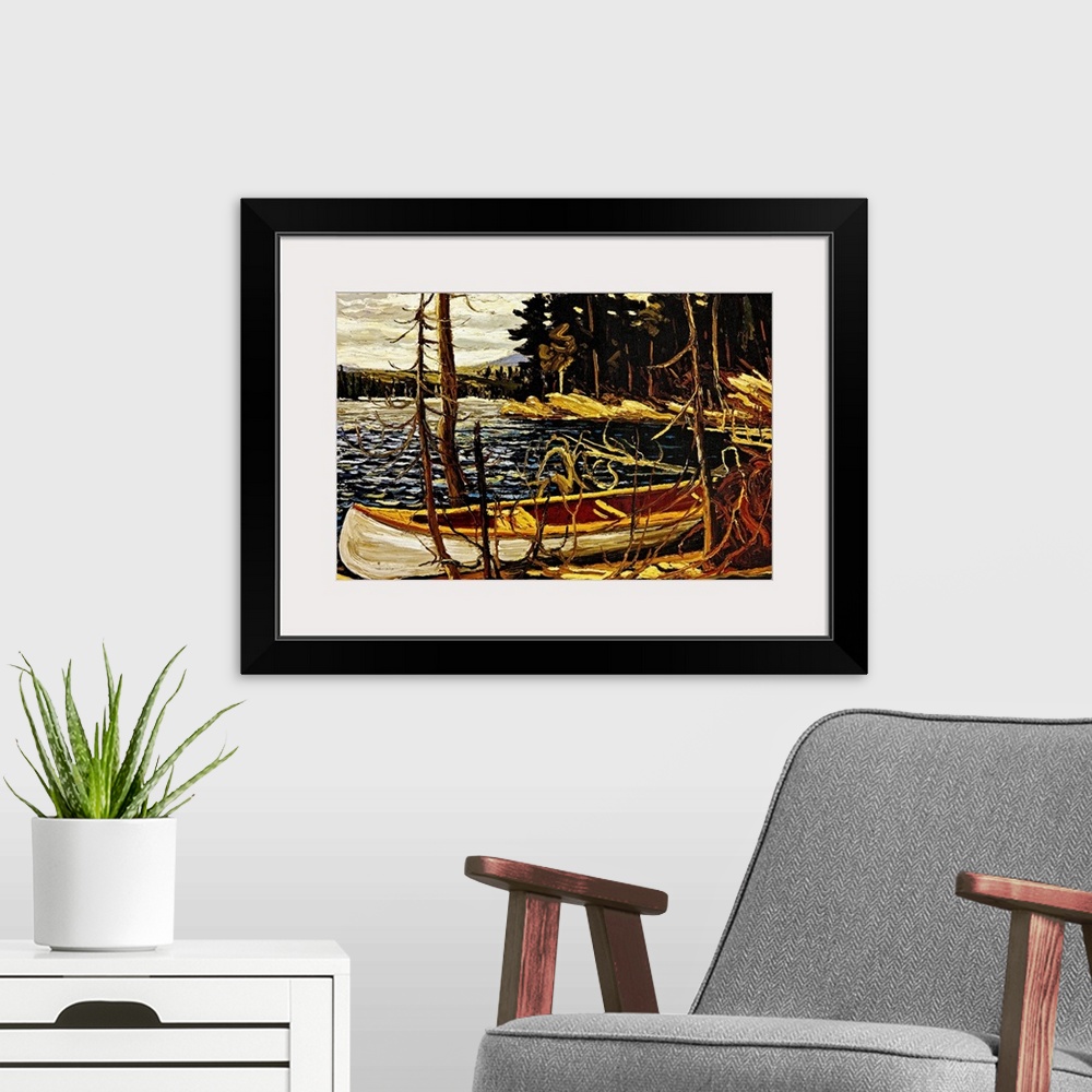 A modern room featuring Big, landscape painting of an empty canoe banked against small trees along the shore.  A dense fo...
