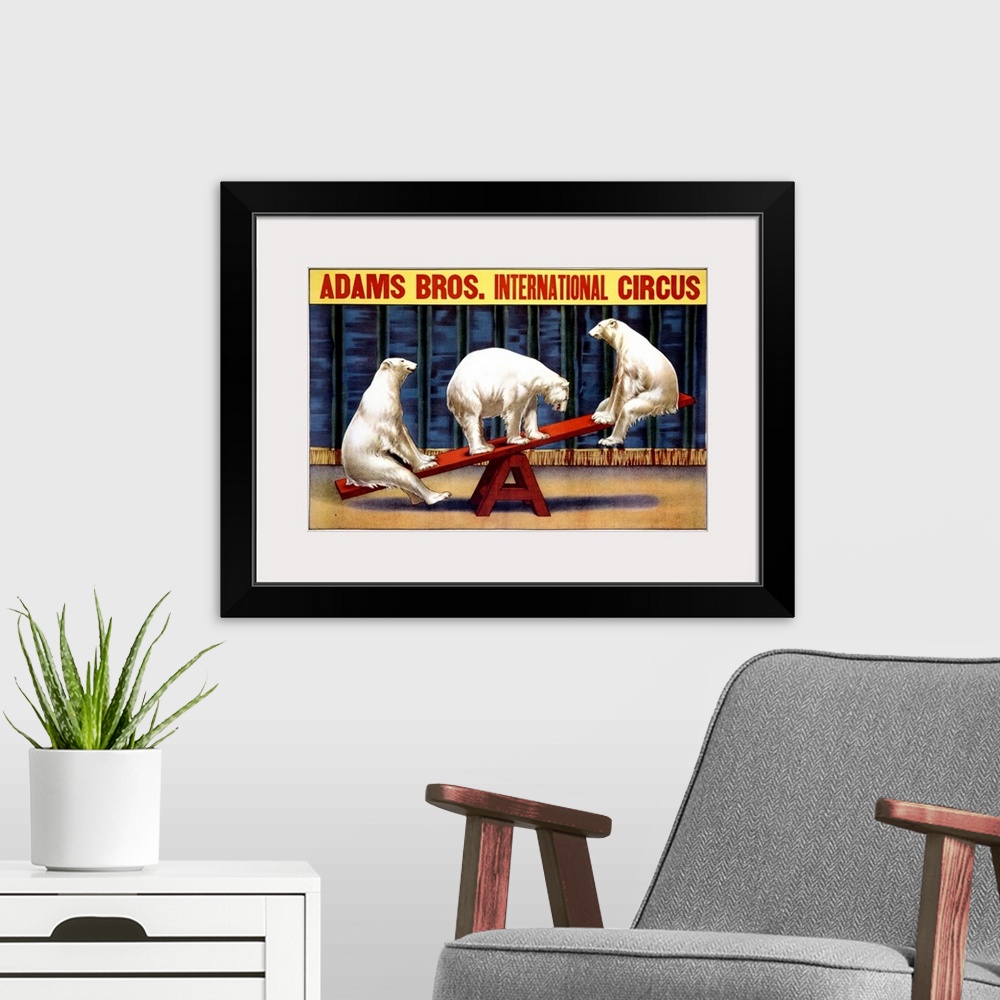 A modern room featuring Giant canvas art showcases an advertisement for a carnival as three polar bears are seen balancin...