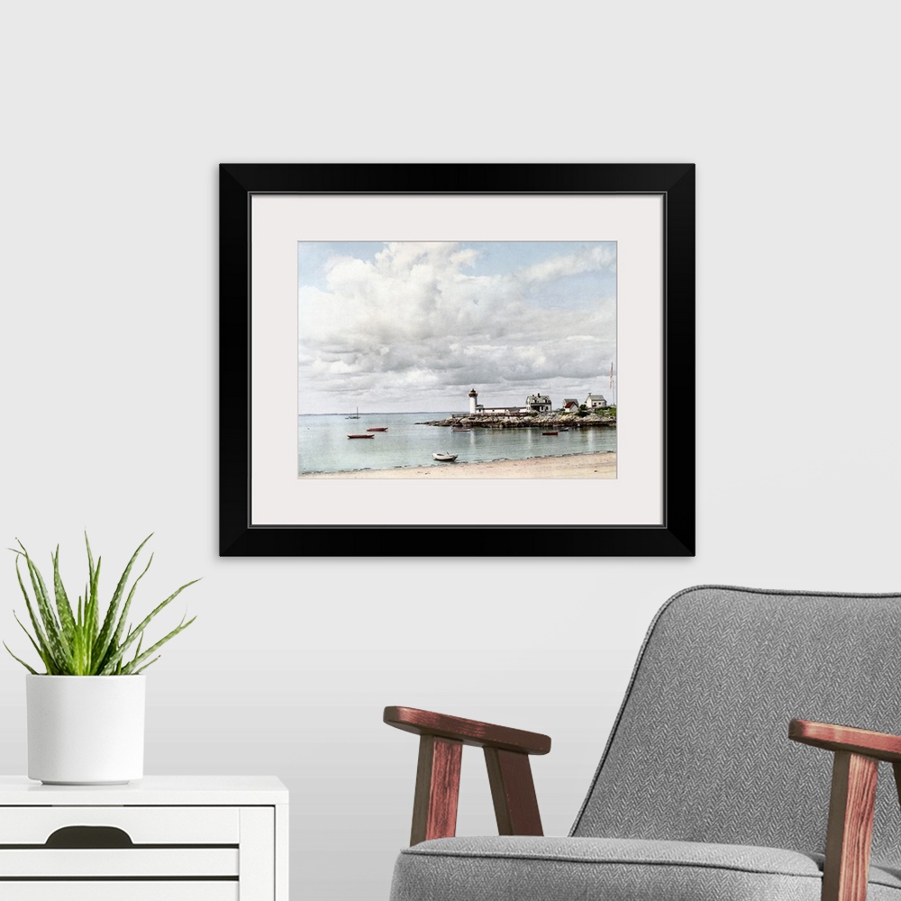 A modern room featuring This large piece shows boats with no one in them sitting in the water. A lighthouse stands at the...