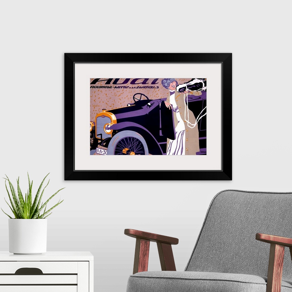 A modern room featuring Large, horizontal vintage advertisement for an Audi automobile, of a woman standing next to a car...