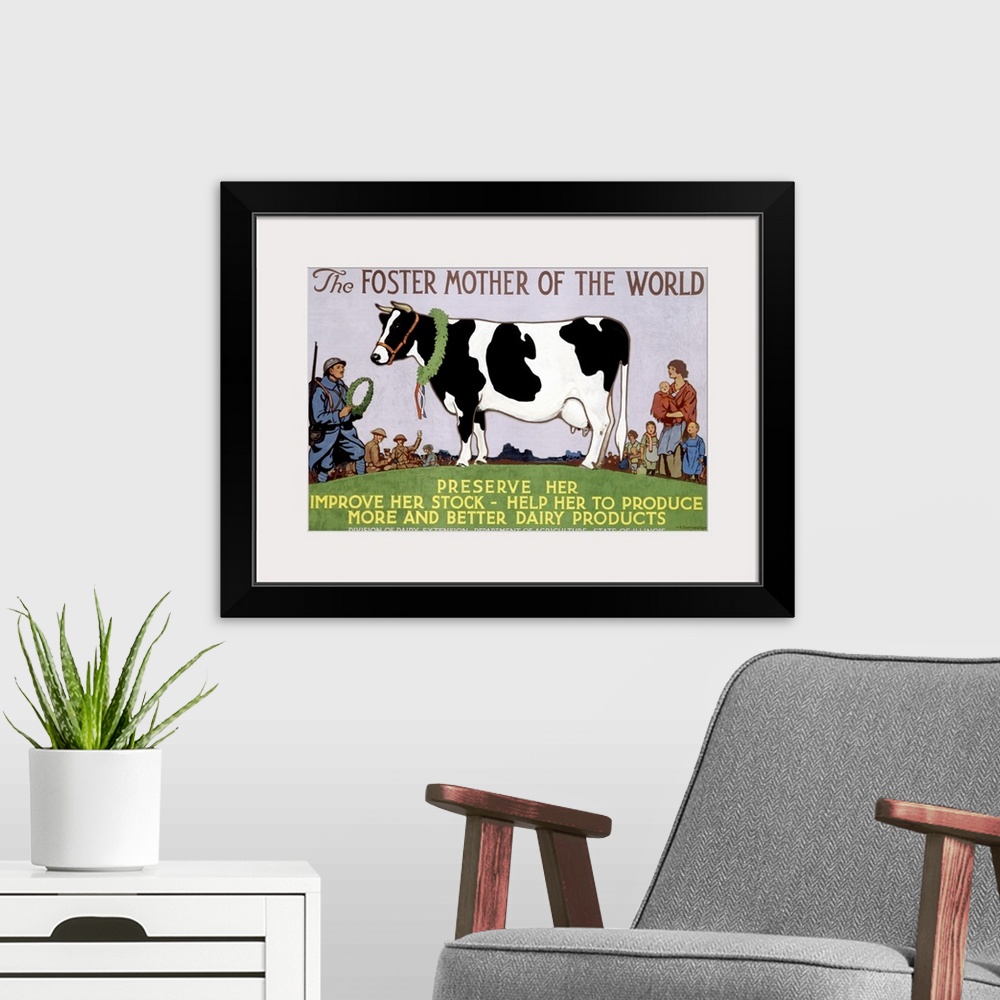 A modern room featuring Vintage poster that highlights a cow with people standing around her and about to crown her. The ...