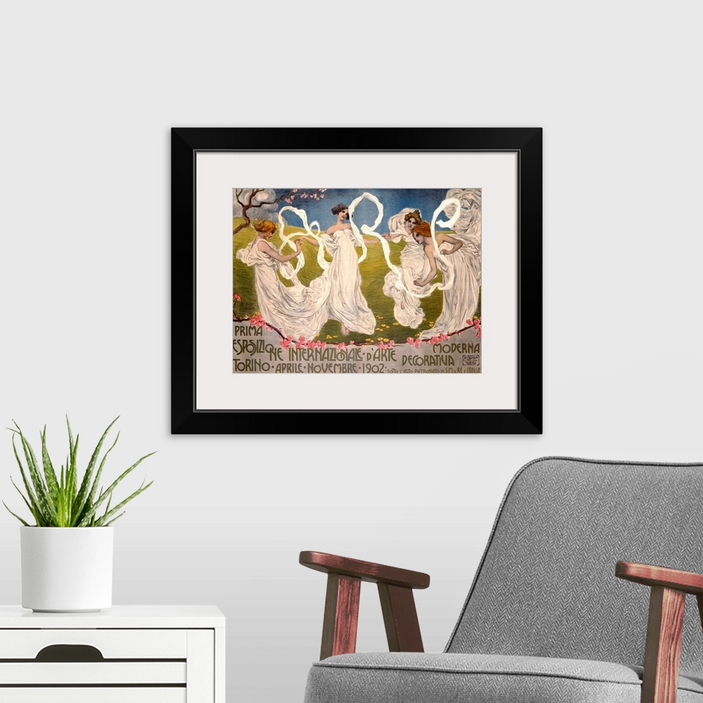 A modern room featuring Vintage poster of four woman in toga like dresses dancing in a Spring field.