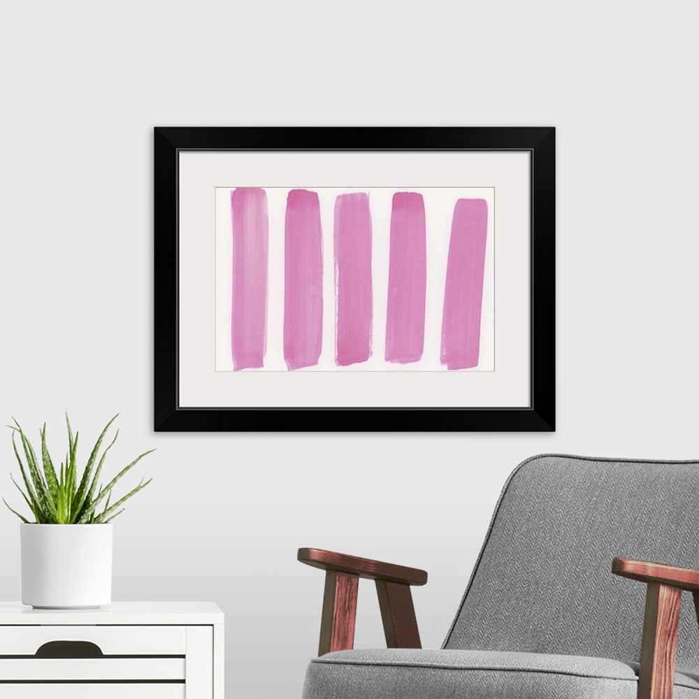 A modern room featuring Contemporary abstract painting of long bright pink vertical strokes against a white background.
