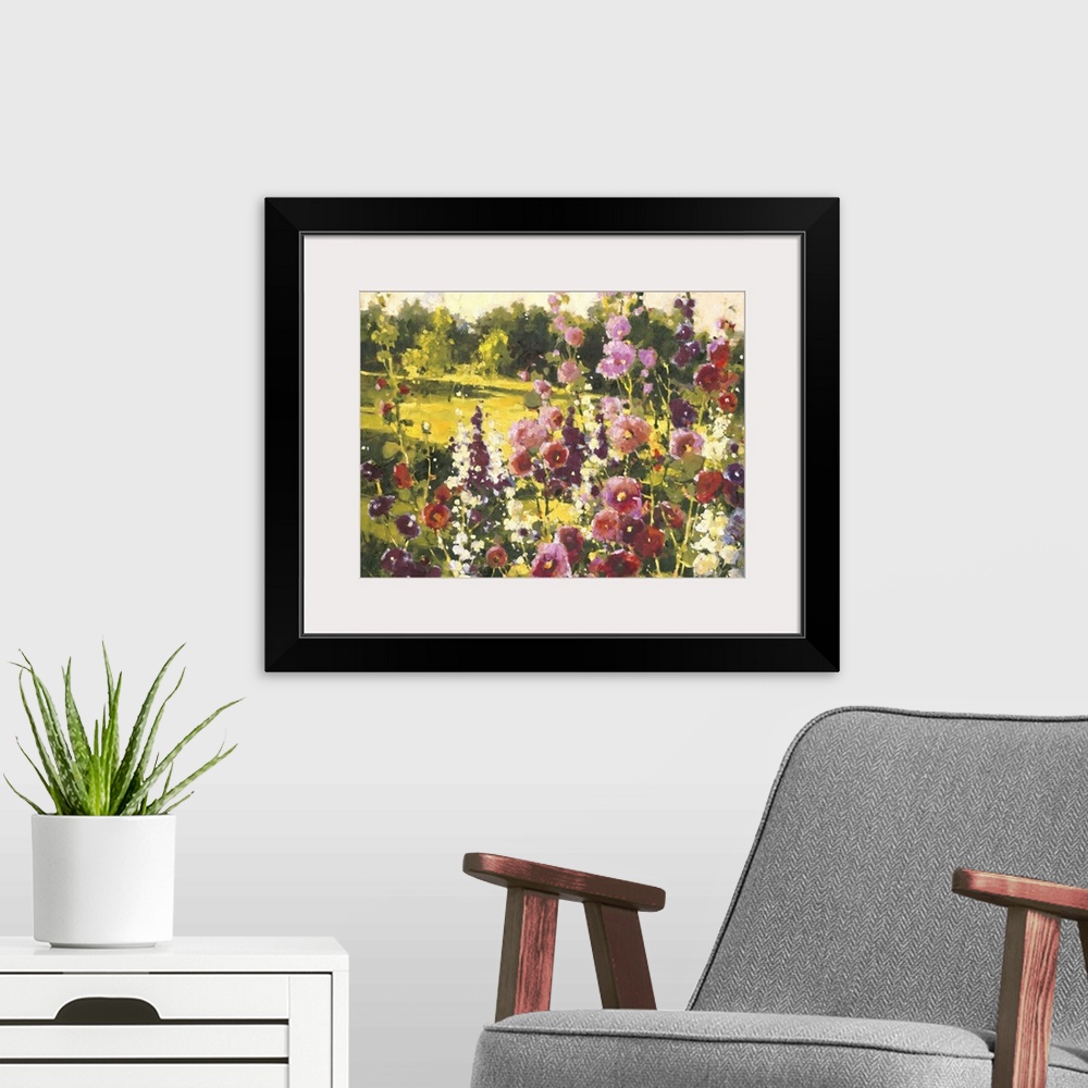A modern room featuring Contemporary painting of a field of wildflowers looking out over a countryside meadow.