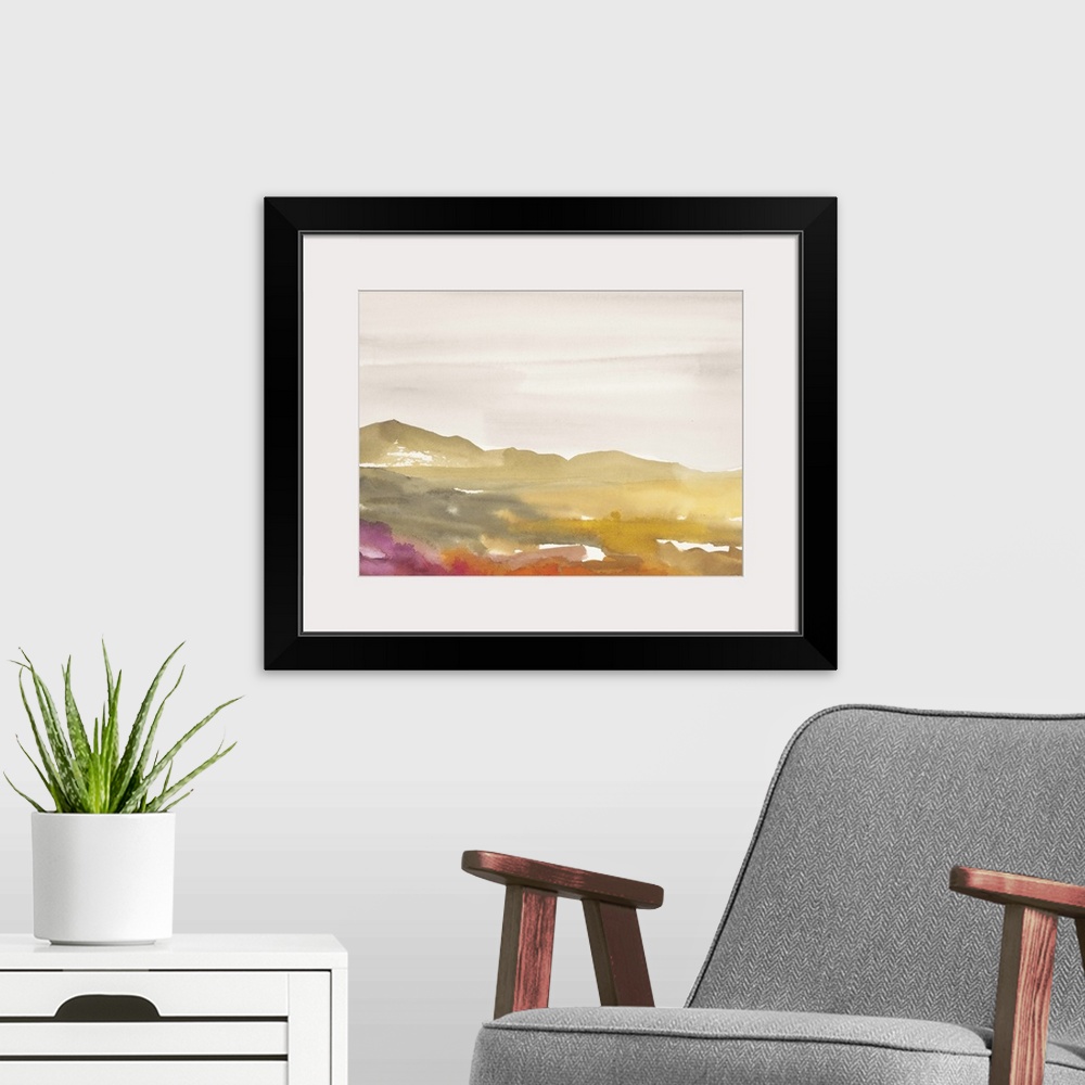 A modern room featuring Contemporary watercolor painting of a landscape.