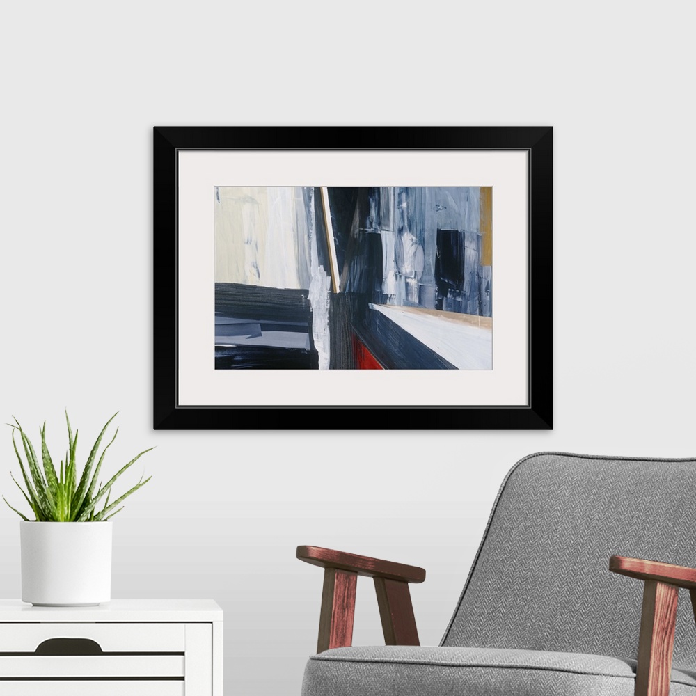 A modern room featuring Contemporary abstract painting using shapes and color resembling retro art.