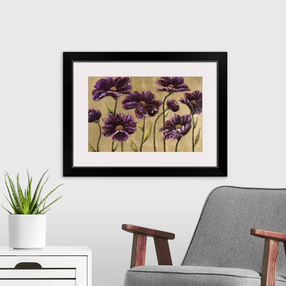 A modern room featuring Home decor artwork of a dark purple flowers against a brown background.
