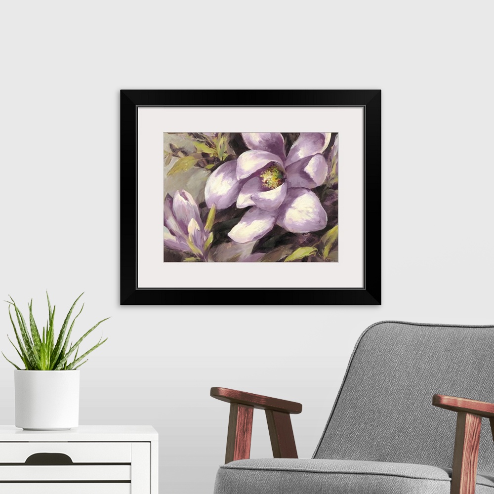 A modern room featuring Contemporary painting of a purple magnolia flower.