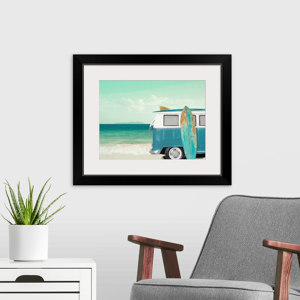 A modern room featuring Beach themed decor with an illustration of a white and blue vintage VW van with a surf board lean...