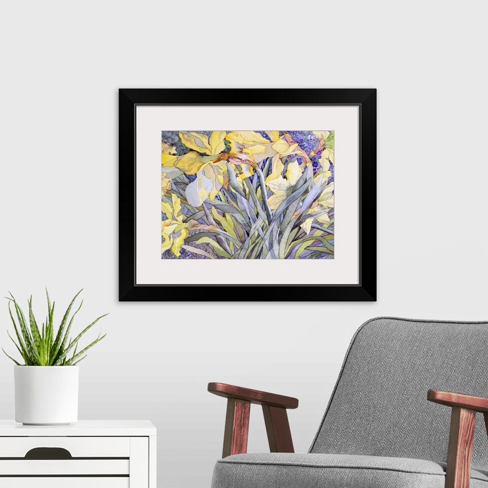 A modern room featuring Vibrant contemporary watercolor painting.