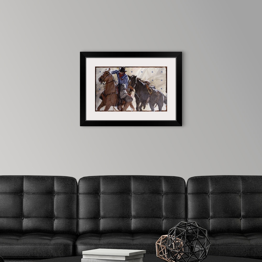 A modern room featuring Contemporary western theme painting of a cowboy on horseback, lassoing another horse.