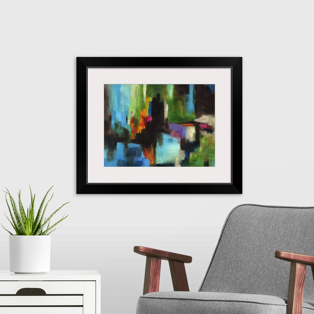 A modern room featuring Contemporary abstract painting with bright colors.