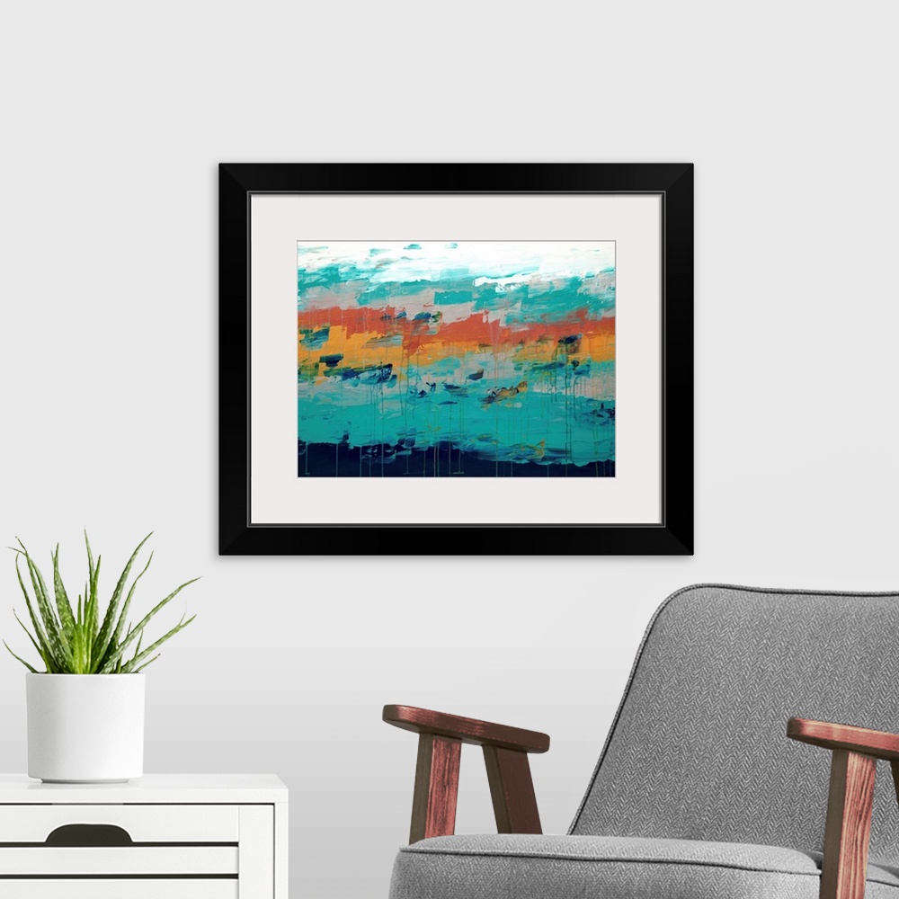 A modern room featuring A contemporary abstract painting muted tones of orange and turquoise.