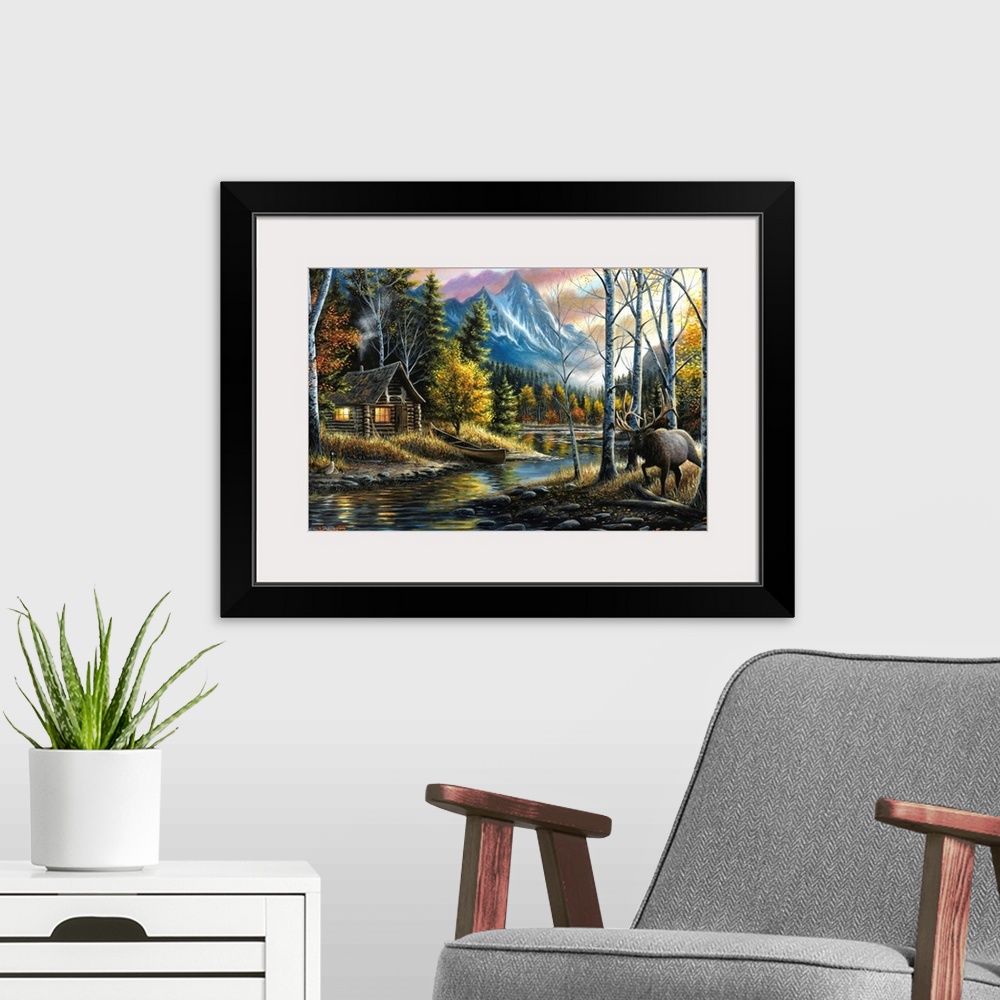 A modern room featuring Contemporary landscape painting of a cabin next to a river in the woods with an elk walking by.